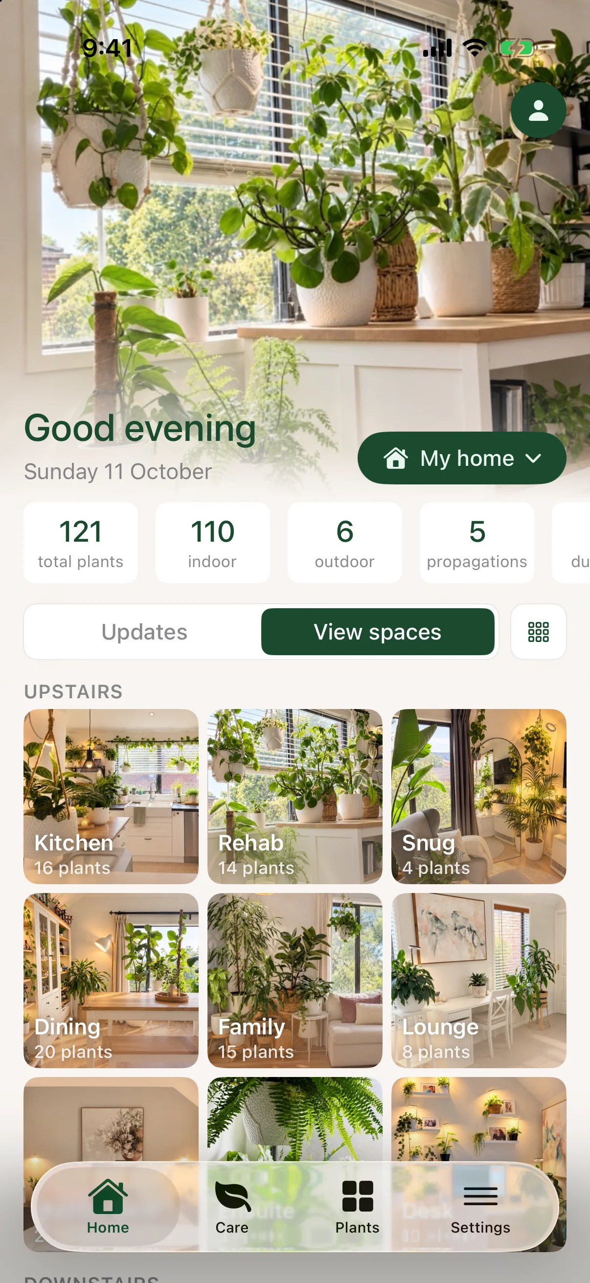 Liana's home screen showing a collection of 121 plants, 110 indoor, 6 outdoor and 5 propagations, organised into photographed spaces such as Kitchen, Rehab, Snug and Dining