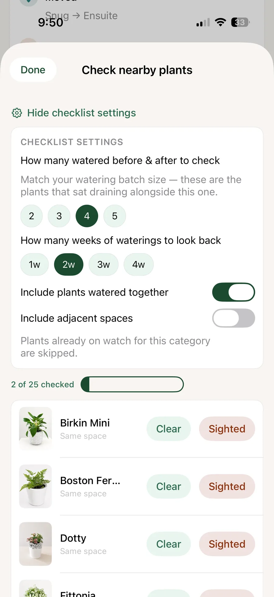 Liana checklist for checking nearby plants, including same watering batch settings
